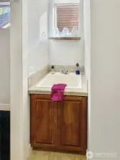 Laundry sink with storage underneath.