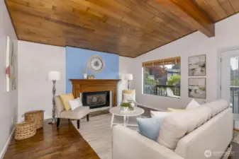 Living room with cathedral ceiling.