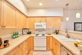 Ample counter space with lots of storage and pantry