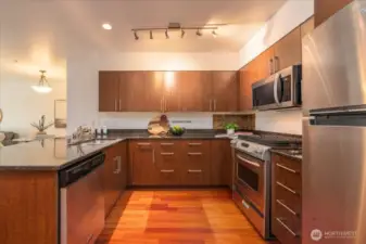 Stainless steel appliances, granite countertops, and tons of storage.