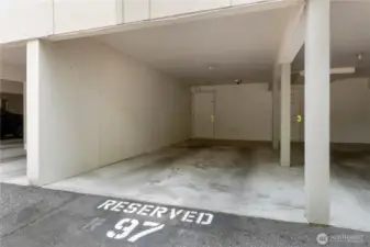 Covered spot with conveniently located large storage unit directly in front of stall