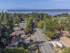 Aerial view showing Puget Sound and Whidbey Island.