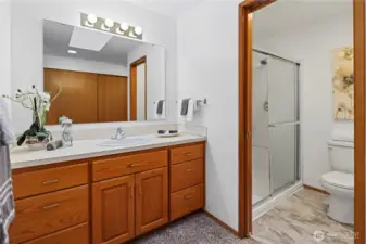 En-suite 3/4 bath; there are three closets behind you from here.