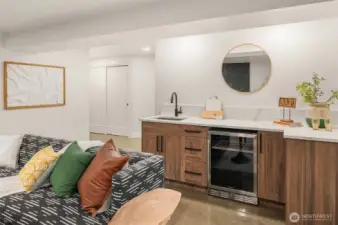 Wet bar with prep sink and temperature controlled wine fridge