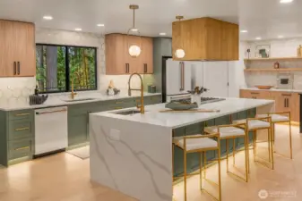 Chef's kitchen with waterfall quartz oversized island, GE Cafe appliance suite with 6-burner range, custom cabinetry and copper finishes