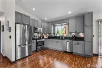Gleaming new kitchen appliances and shiny countertops