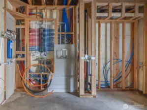 Mechanic room w/ radiant heating for basement & water purification system. To right is main washer & dryer for home & utility sink.