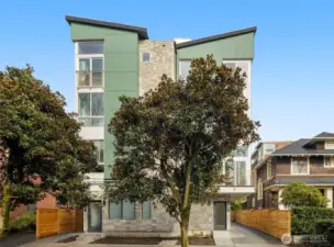 Welcome to Olive by Greencity Homes! Sleek, modern, and nestled under mature trees, this striking facade sets the tone for a home that blends architectural flair with urban calm.