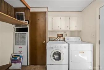 Dedicated utility room with washer and dryer included, plus additional storage space.