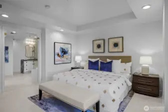 Relax in your serene primary suite, outfitted with California Closets and motorized Hunter Douglas blinds.