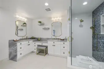 Elegant bathrooms with contemporary upgrades and a clean, polished aesthetic.