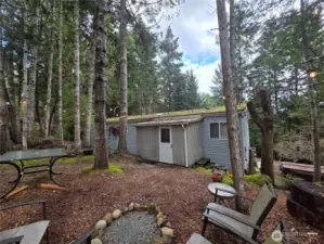 back yard with picnic area and small fire pit