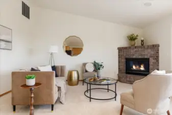 Spacious living room with a fireplace.