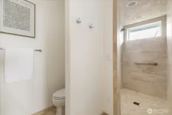 Primary suite walk-in shower and toilet. Closed off by a door for privacy.