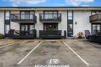 Parking spot adjoins condo entrance from deck