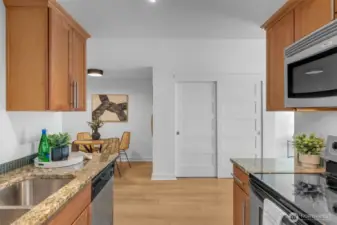 Kitchen has plenty of counter and cabinet space.