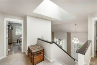 Upstairs Landing & Skylight: Bright and welcoming upper landing features a dramatic skylight, plush carpet, and a view down to the entryway, offering a perfect transition space between bedrooms and bonus rooms.