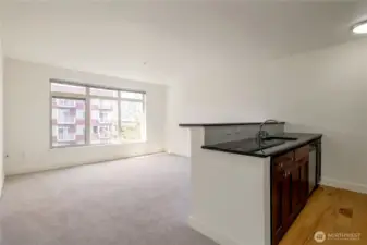 bright living room and kitchen