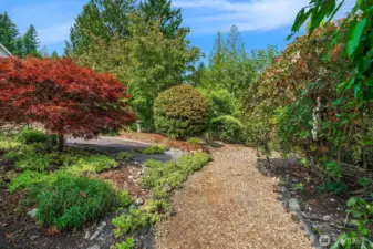 Walking paths to planting areas and firepit.