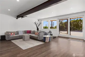 The lower level rec room features large windows and lots of natural light. It opens onto the back yard. sport court.