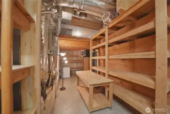 Storage space in garage also features a storage loft with pull down stairs