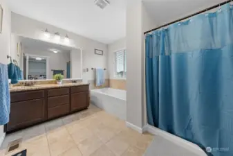 Primary ensuite with amazing soaking tub, double sink and walk in shower.