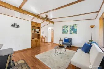 Vaulted ceiling. Cozy wood burning stove