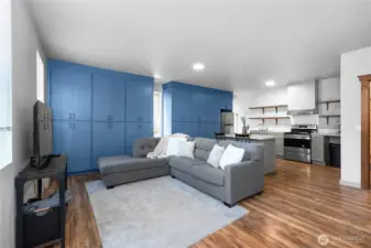 Nice and bright vaulted open-concept living space in ADU! Second kitchen with open shelving, tons of storage with custom built in cabinetry along entire wall and also floor to ceiling. LVP flooring throughout, no carpeting, recessed lighting, and a beautiful wall of windows on the left.