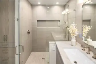 Lower level luxury bathroom with large shower