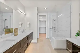 A gorgeous ensuite primary bath with heated floors!!