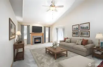 Virtually Staged Living Room Upstairs with Gas Fireplace