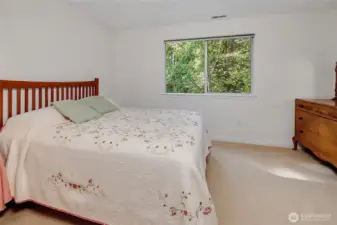 Upper level 2nd bedroom. Plenty of room for a queen bed. Green space views.