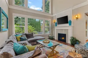 A nice view of the garden with a cozy fire place.