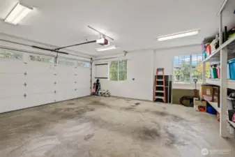 2 car garage, has built-in shelves.