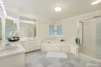 New tile floors in the five-piece primary bath complete with soaking tub and large walk-in shower.    Not shown in another large closet for linens.