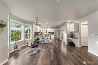 A dedicated desk area offers a convenient spot for organization or daily tasks.