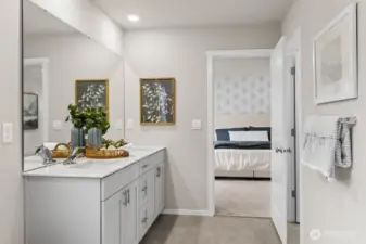 Primary bedroom offers connected bathroom with double vanity and separate door to toilet for privacy. Actual home is under construction. Colors, materials, and features may vary. See site agent for details.