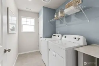 Dedicated laundry room keeps things tidy. Actual home is under construction. Colors, materials, and features may vary. See site agent for details.