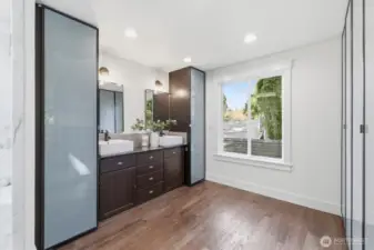 Primary bedroom + ensuite bathroom (staged)