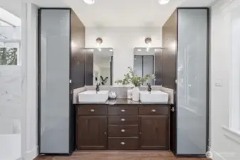 Primary bedroom + ensuite bathroom (staged)