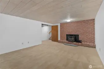 Basement living area with wood-burning fireplace
