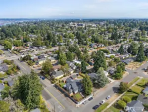 Aerial view of neighborhood with Mt Rainier in backdrop.