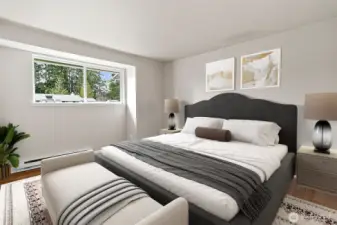 Virtually staged spacious primary bedroom with walk-in closet