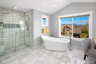 Newly done and absolutely GORGEOUS primary bathroom!  Italian marble with inlaid design in floor and shower frame the most beautiful and relaxing of spaces.  View of the mountain from this room also!