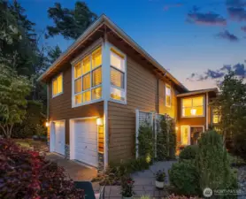 The home's exterior at twilight.
