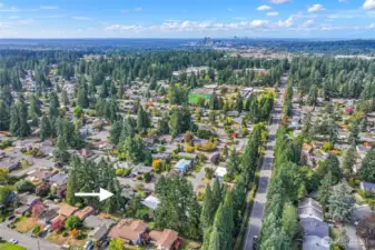 Neighborhood aerial reveals the prime Bellevue location with tree-lined streets and quick access to downtown Bellevue and Redmond.
