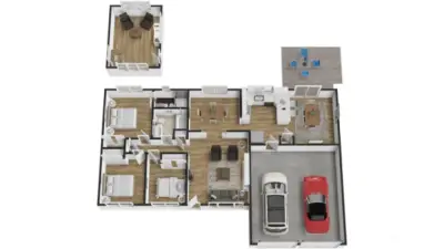 Detailed 3D rendering highlights the home’s spacious flow with living room, flexible dining/family space, updated kitchen, and private bedroom wing. Detached studio and backyard deck extend the living options.
