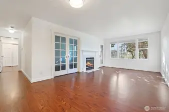 Living room with wood burning fireplace