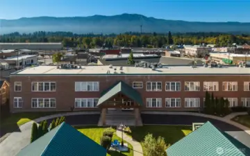 Ariel view of building and drive through.