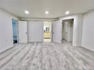Lower level primary bedroom. Door on left-hand side is walk-in closet.